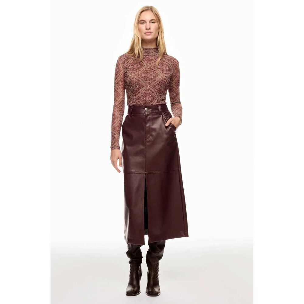 Ronny Kobo Collective Womens XS Sheer Mesh Mock Neck Paisley Top Burgundy Brown